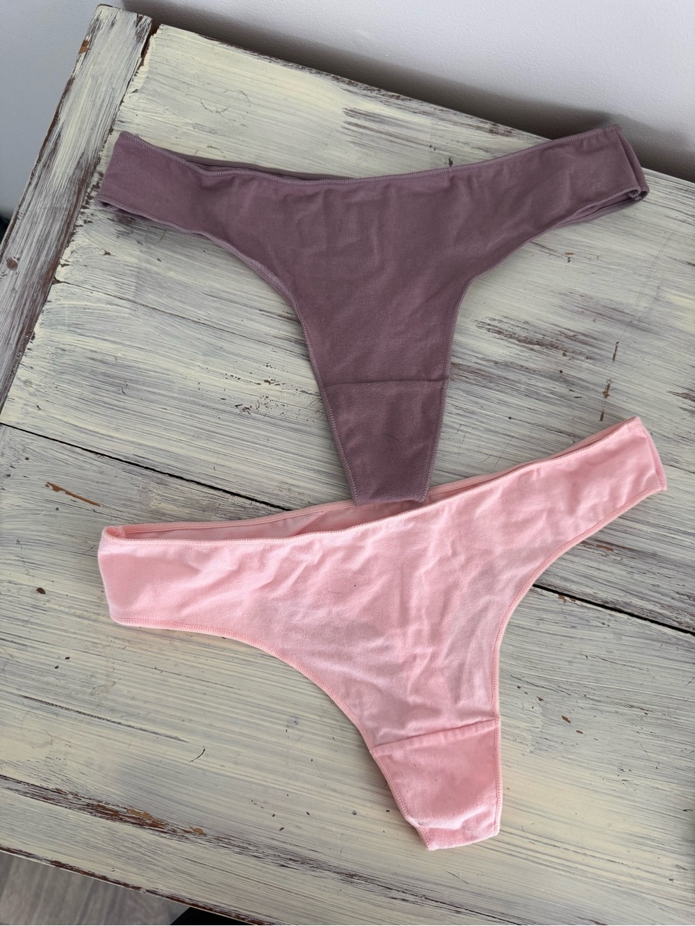 Amazon Women's Two-Pack Cotton Thong Panties in Mauve and Light Pink
